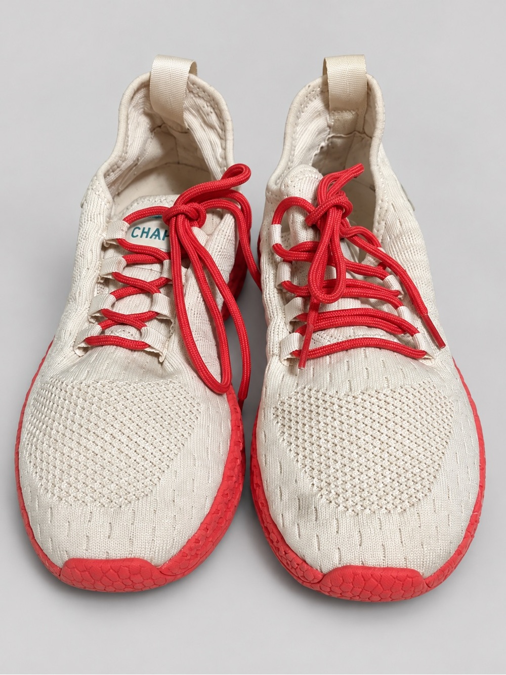 Charly Men’s Running Knit Sneakers Cream Coral Red Lace-Up Size 26.5 MX